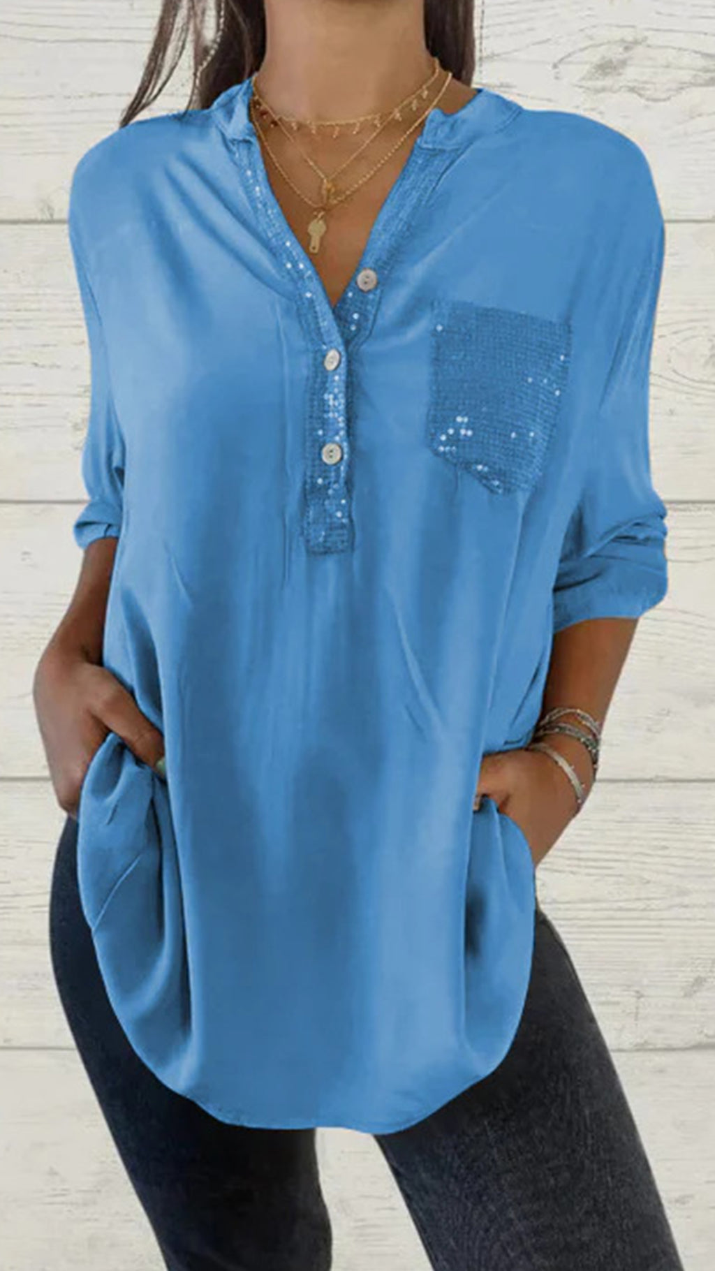 Solid color V-neck pocket women’s top shirt in multiple colors