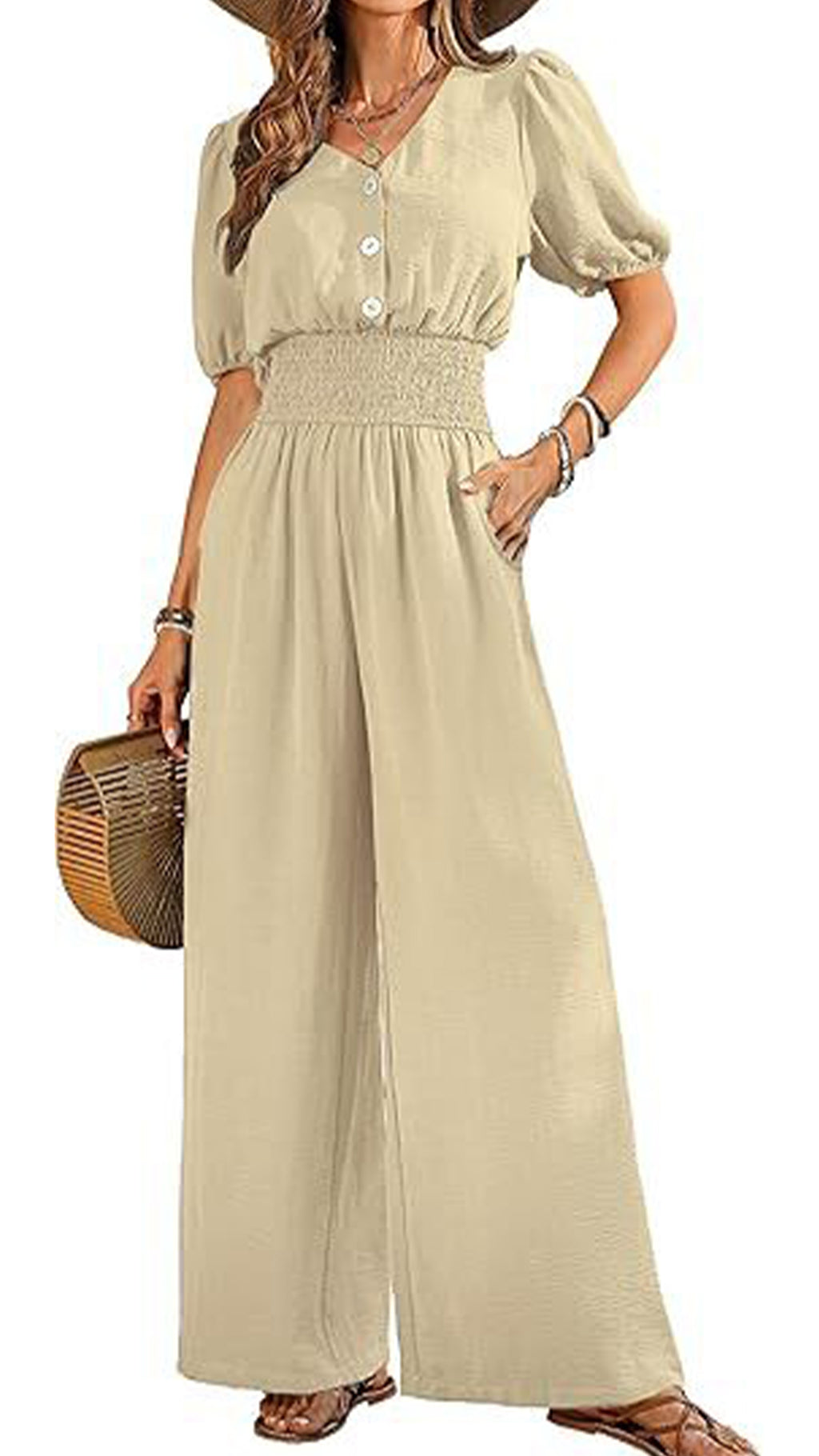 Women’s V-Neck Jumpsuit with Puff Sleeves, Cinched Waist, and Wide Legs
