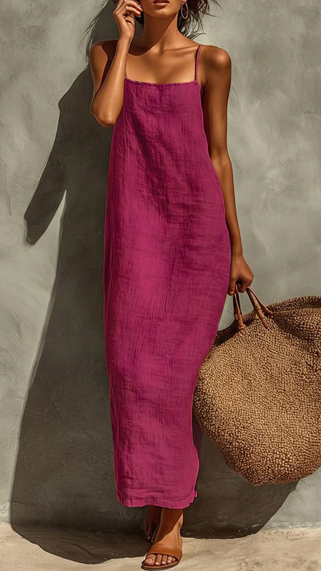 Women’s Square-Neck Straight-Cut Maxi Dress with Thin Straps