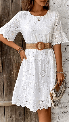Women’s Embroidered Eyelet Loose Tiered Dress(No belt)