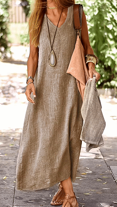 Women’s Vintage-effect V-neck Sleeveless Loose Maxi Dress