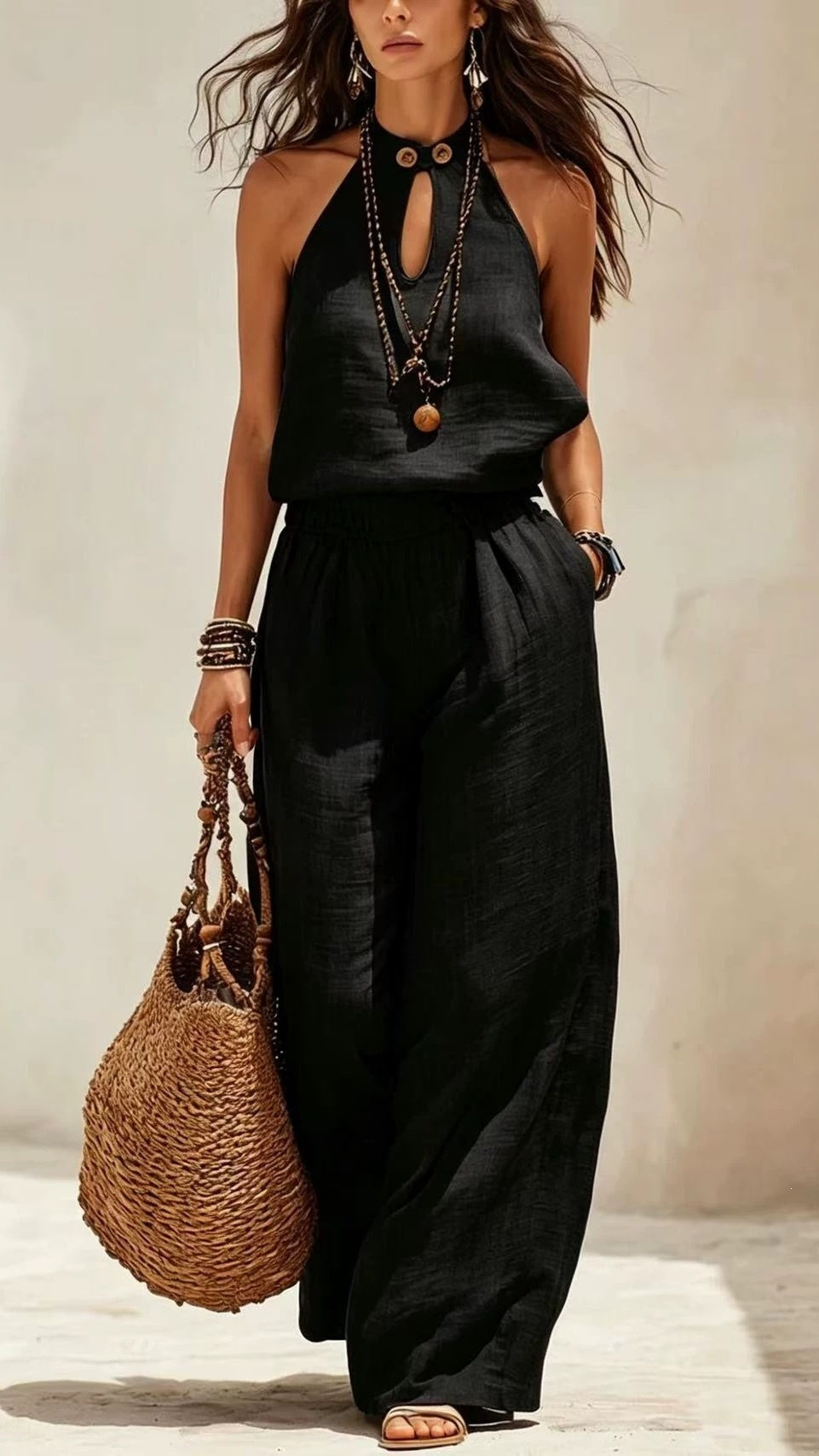 Women’s Stylish Cotton-Linen Sleeveless Halter Jumpsuit