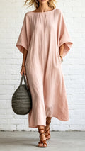 Loose-fitting Batwing Sleeve Cotton Linen  Dress