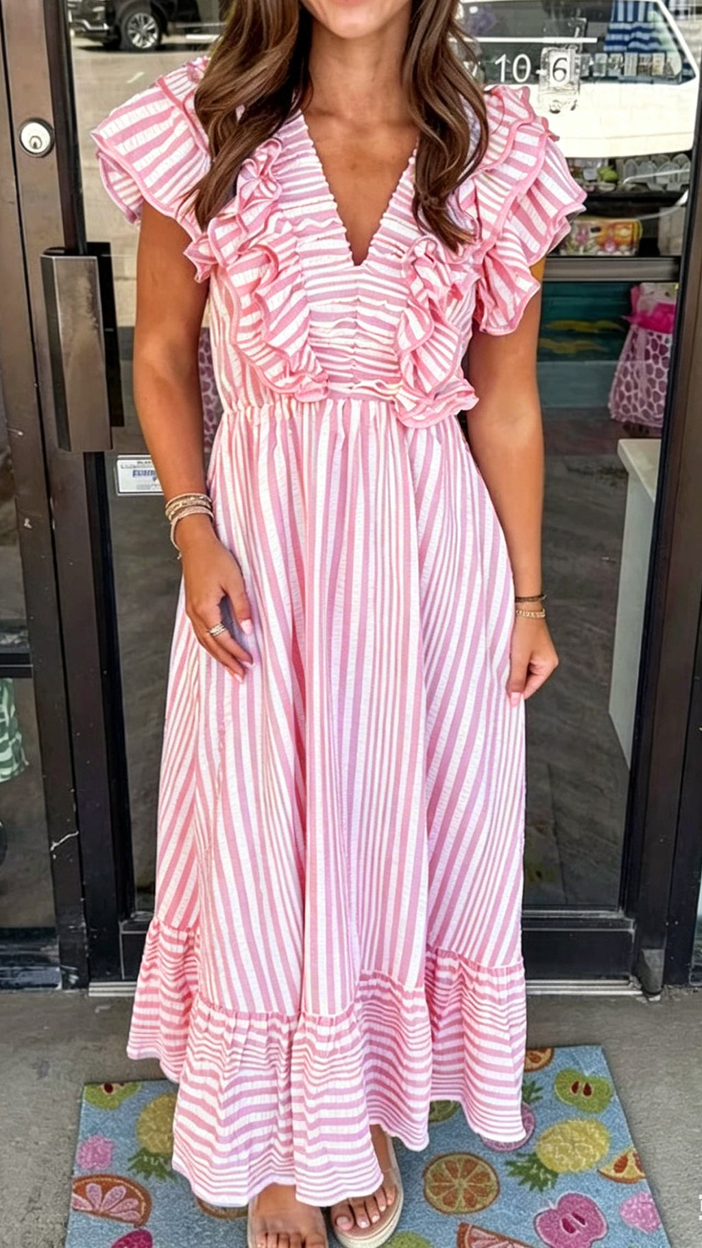 Women’s Ruffled V-Neck Striped Loose Maxi Dress