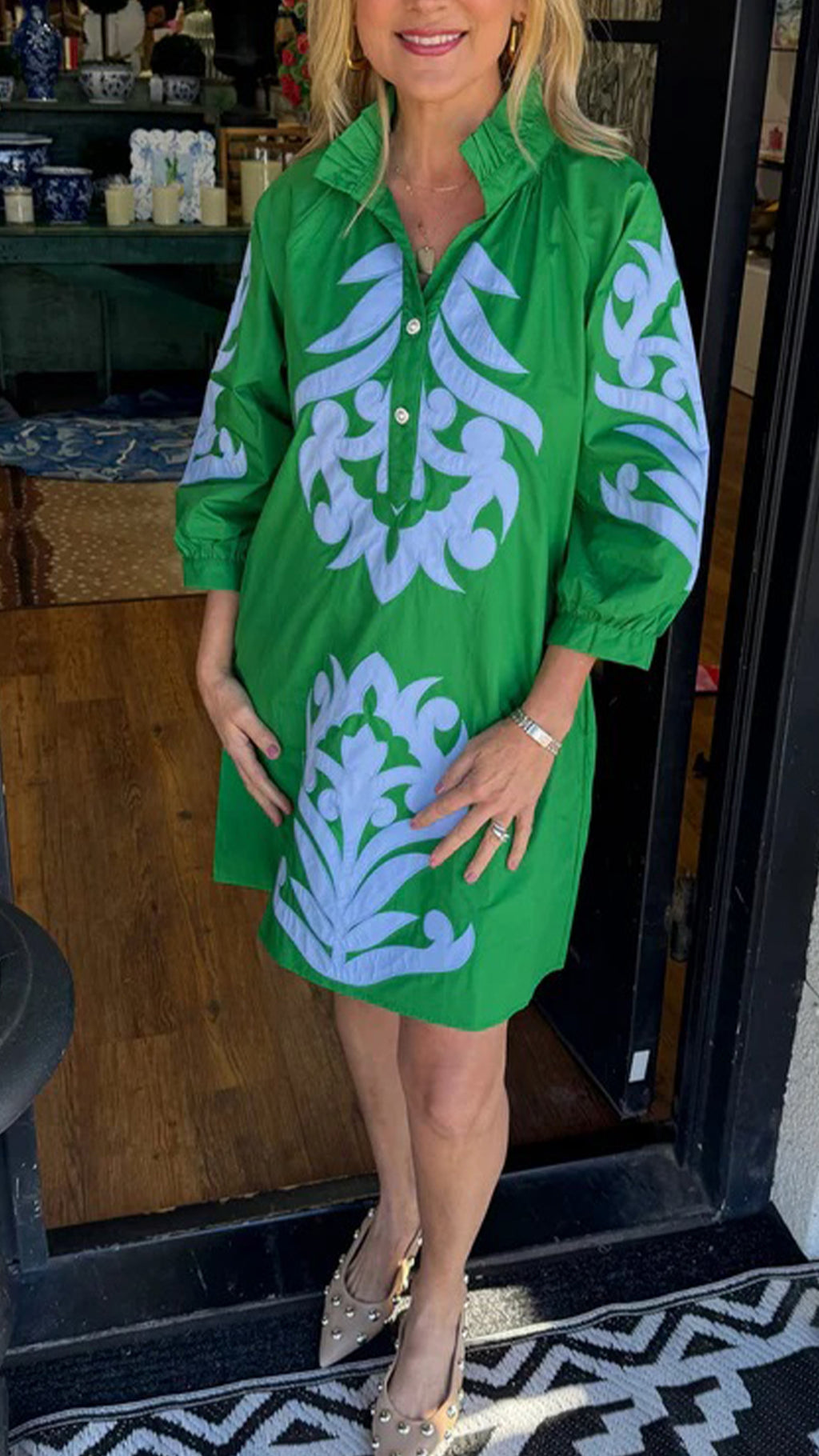 Women’s Stand Collar 3/4 Sleeve Printed Loose Shirt Mini Dress