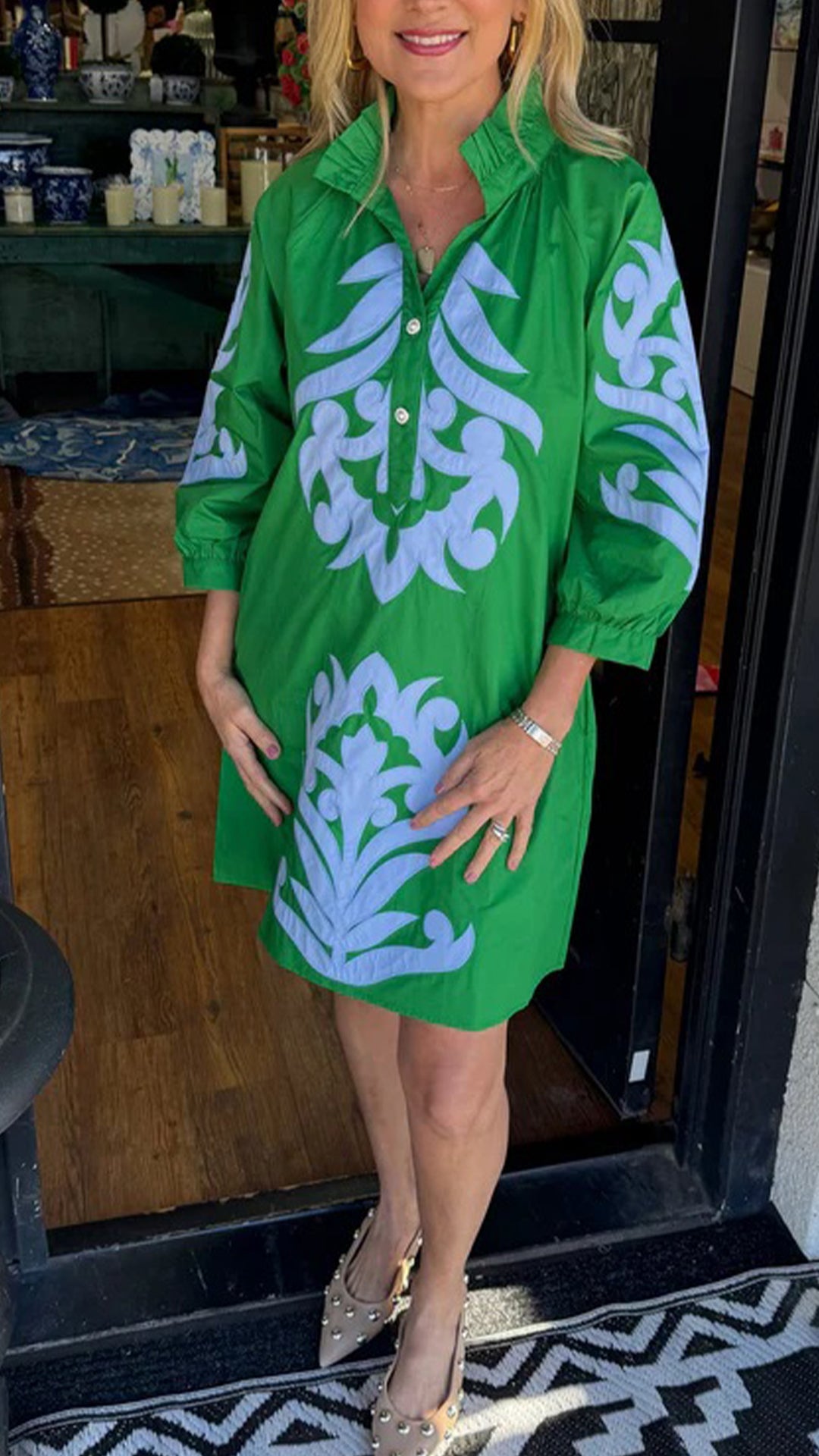 Women’s Stand Collar 3/4 Sleeve Printed Loose Shirt Mini Dress