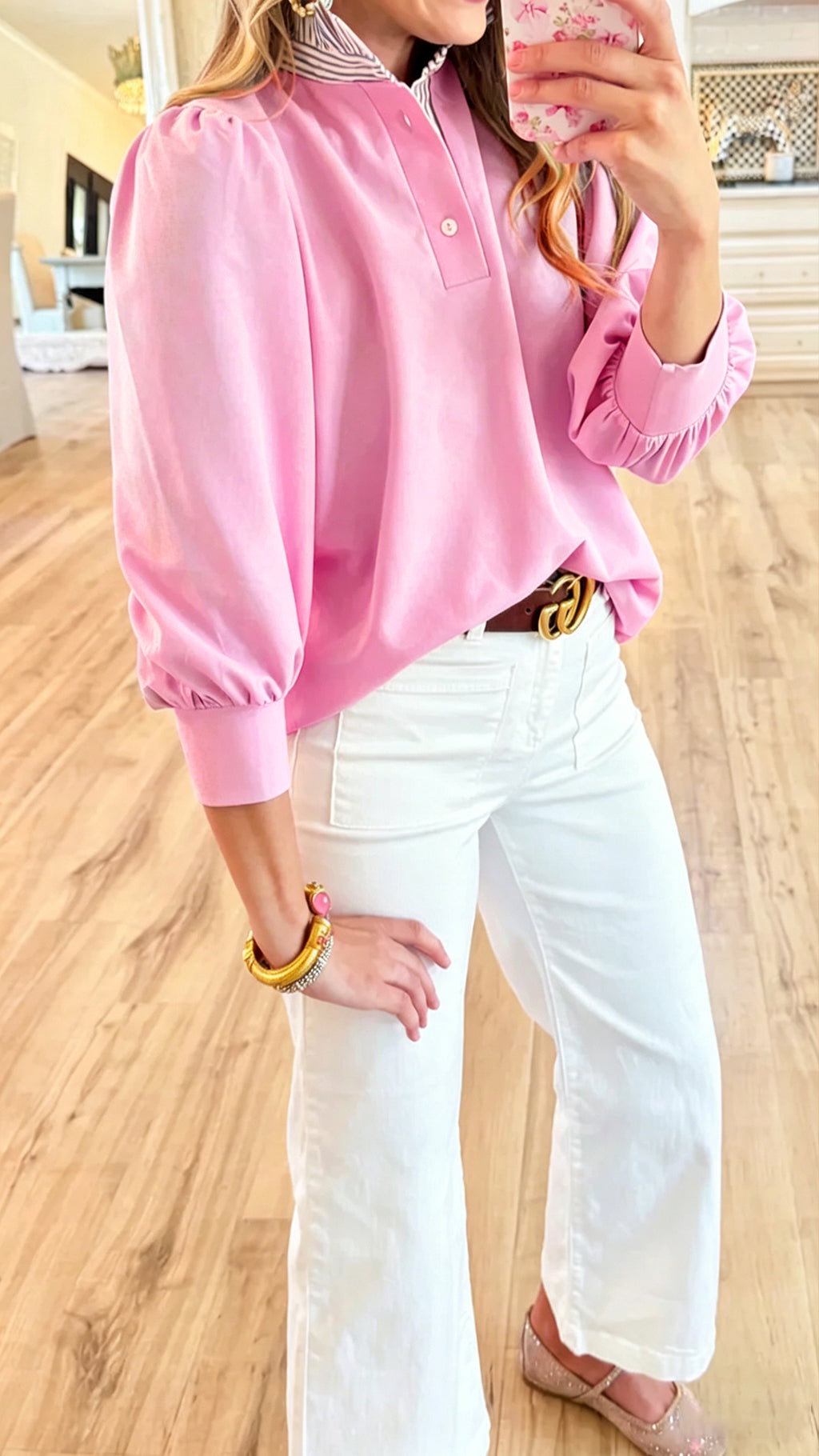Women’s  Stand Collar Color-Blocked Striped Loose Puff Sleeve Blouse