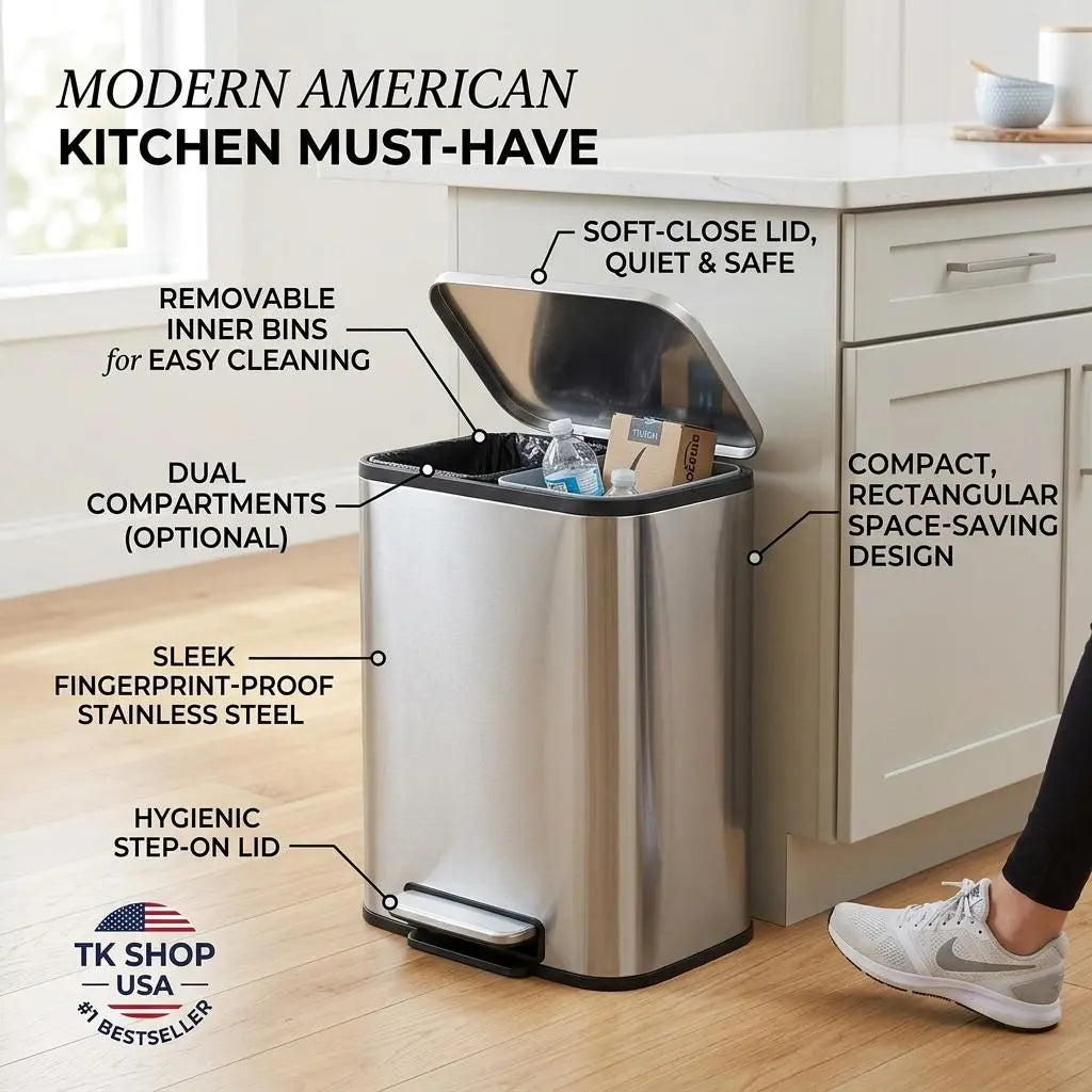 Garvee 8 Gallon Stainless Steel Kitchen Trash Can 30L Rectangular Step Garbage Bin With Soft Close Lid And Fingerprint Resistant Surface Silver