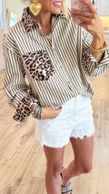 Women’s  Leopard Patchwork Striped Loose Long Sleeve Shirt