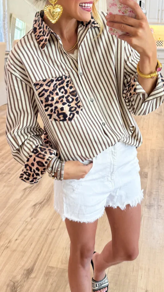 Women’s  Leopard Patchwork Striped Loose Long Sleeve Shirt