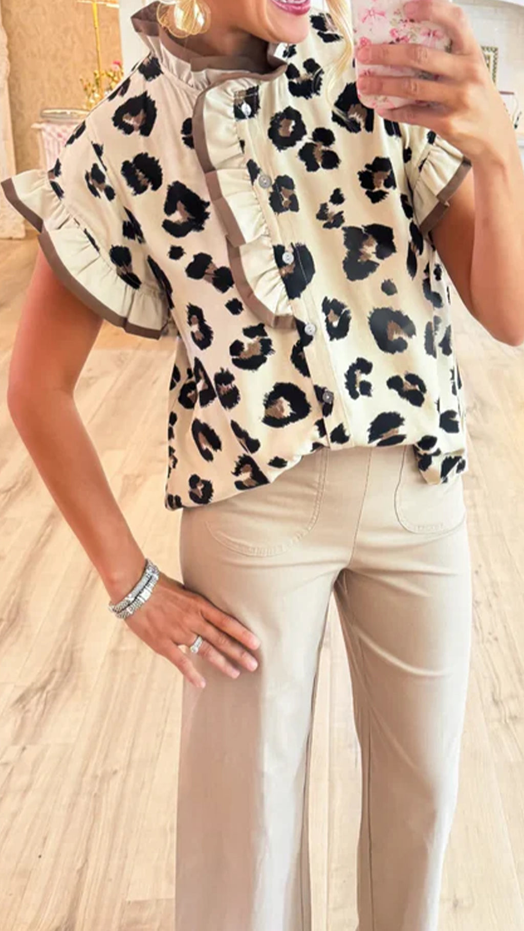 Women’s  Leopard Patchwork Ruffled Edge Loose Short Sleeve Shirt