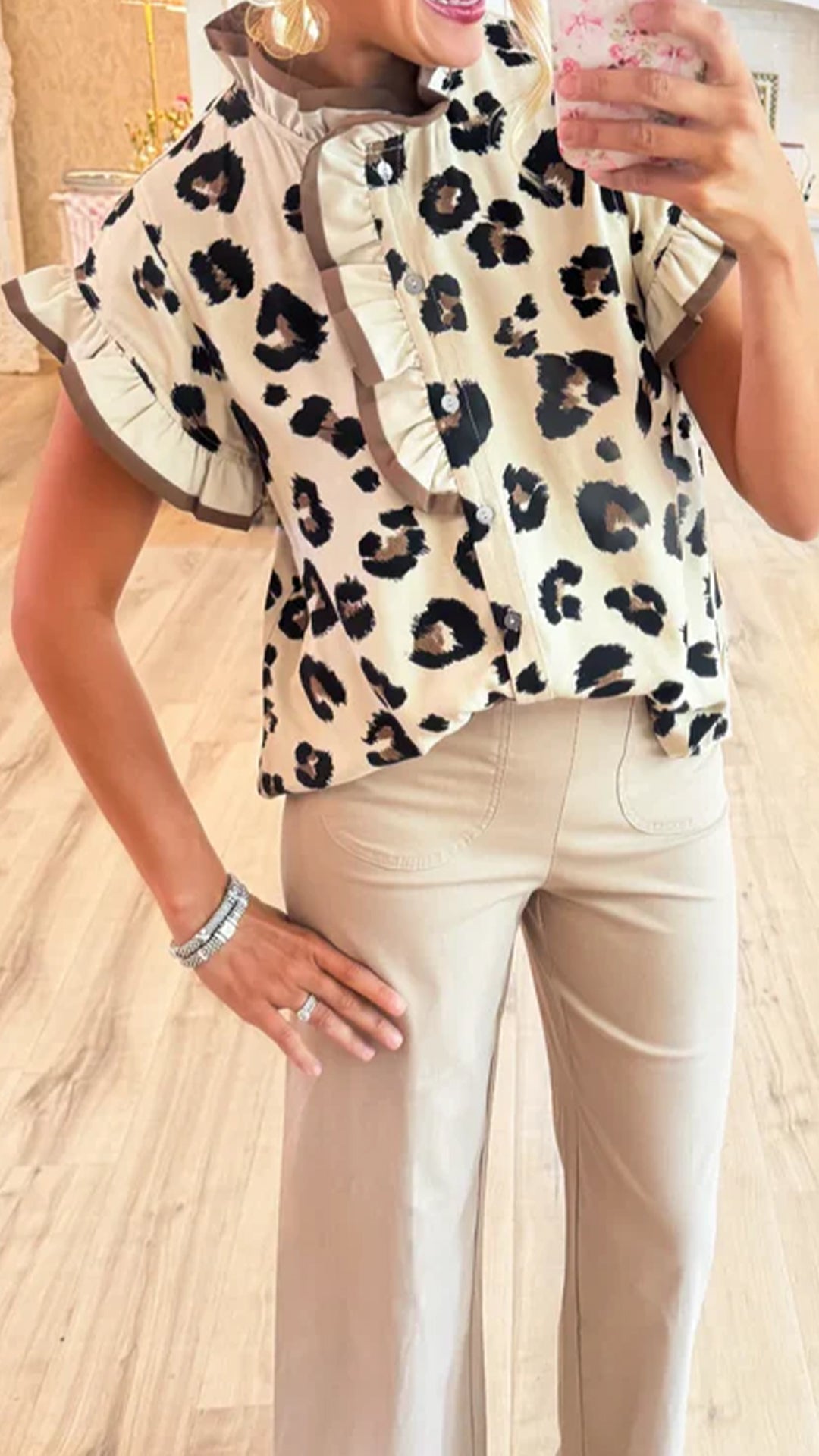 Women’s  Leopard Patchwork Ruffled Edge Loose Short Sleeve Shirt