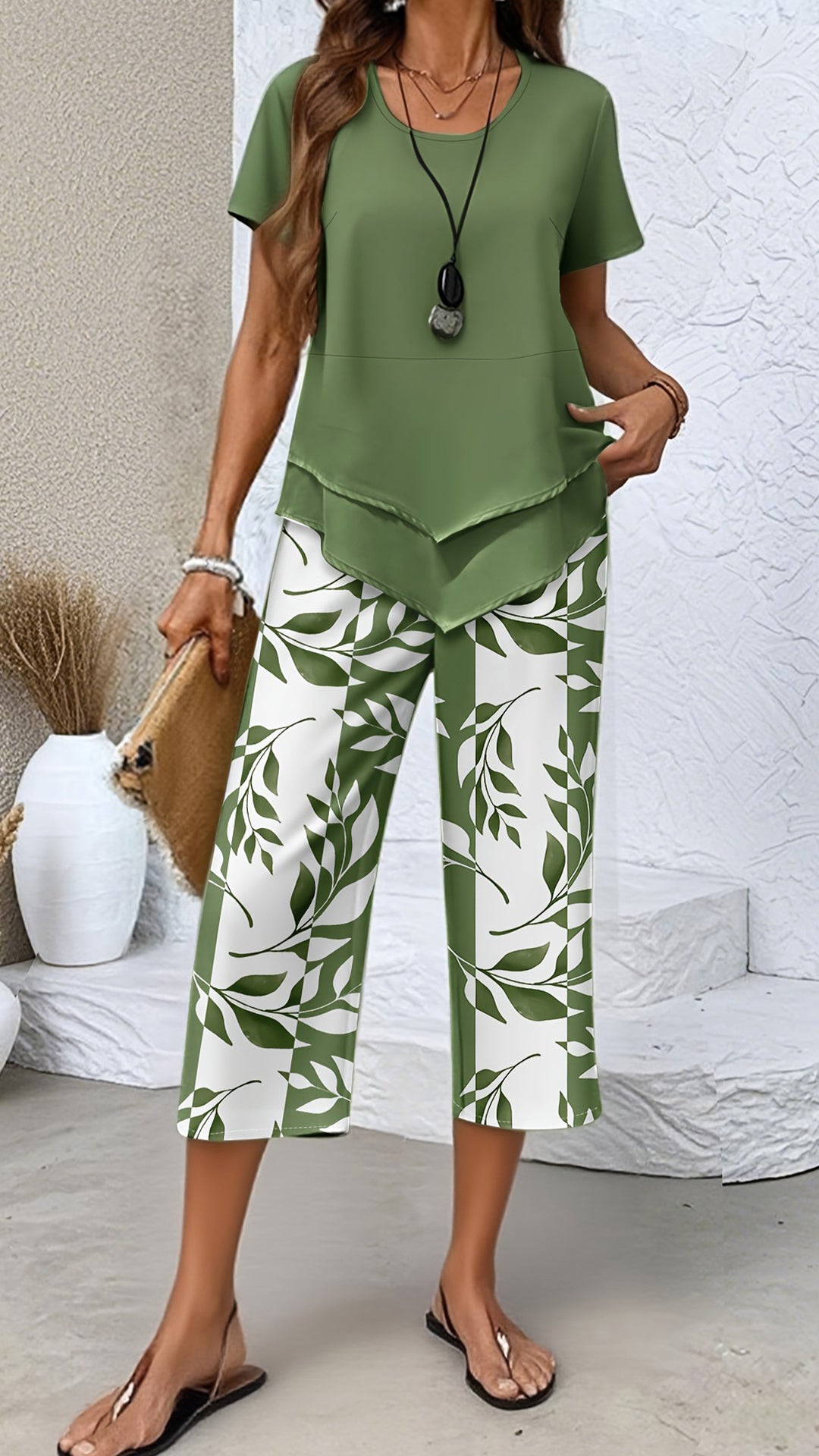 Women’s Irregular Hem Printed Loose Short Sleeve Two-Piece Set