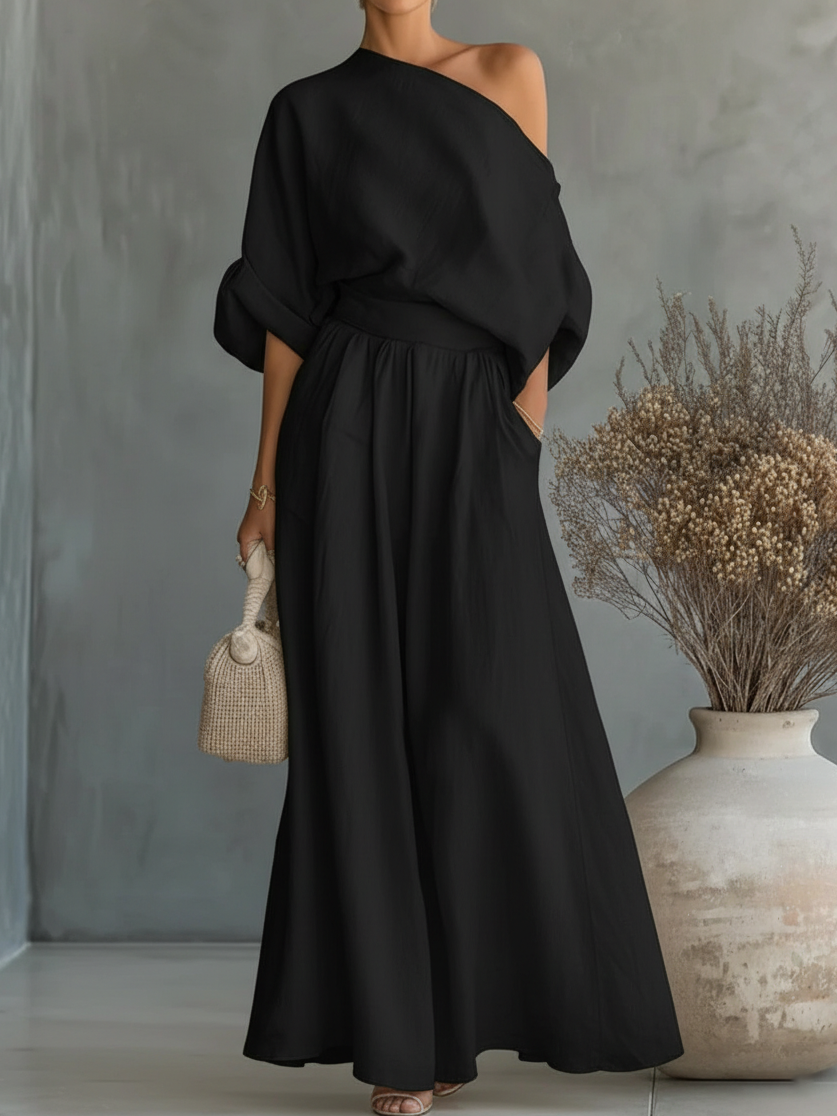 Women’s Elegant Off-Shoulder Shirt and Wide-Leg Pants Two-Piece Set