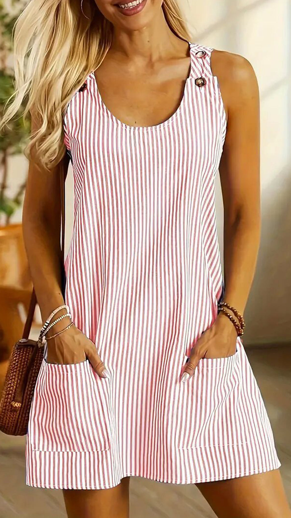 Women’s Adjustable Strap Striped Loose Overall Mini Dress