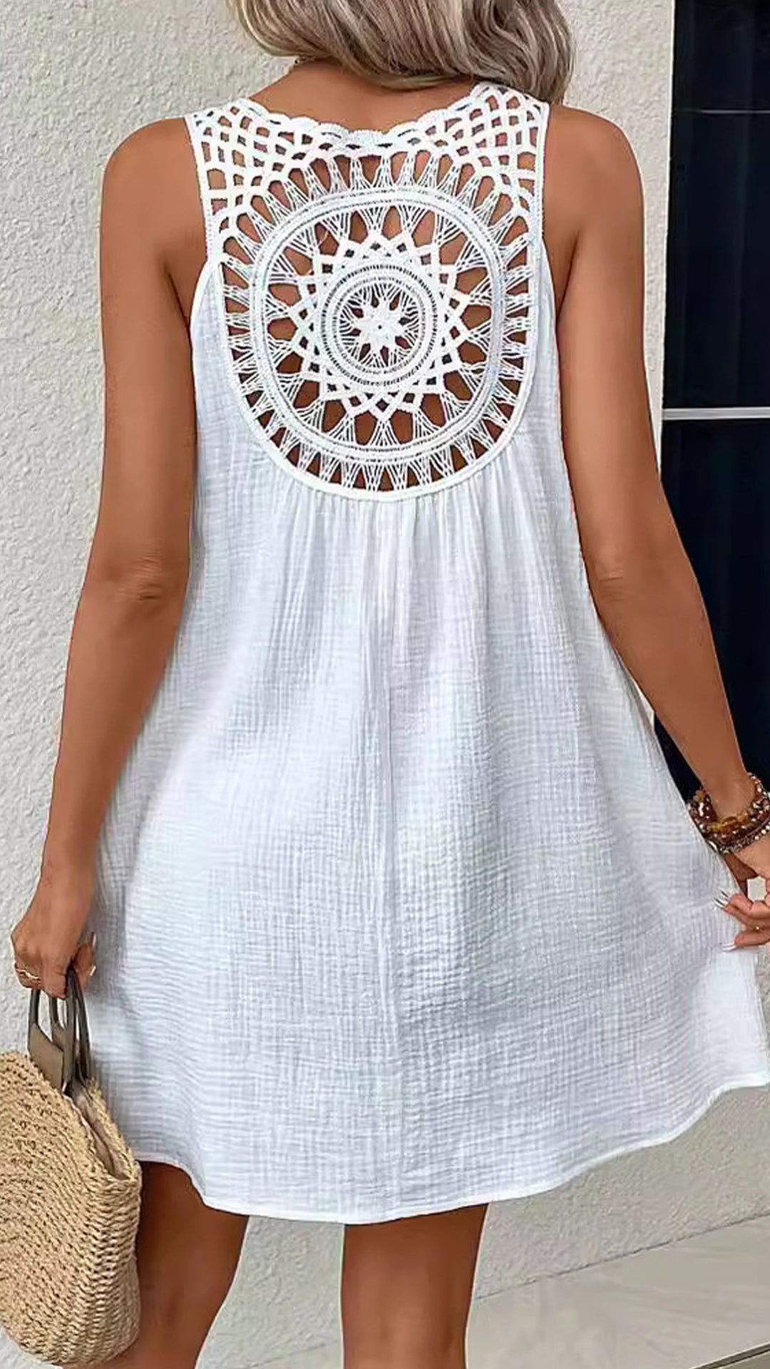 Women’s  Hollow Out Crochet V-Neck Loose Polyester Mini Dress