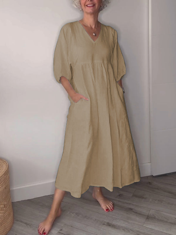🔥Clearance Sale🔥 Women’s Casual Fashion V-Neck Solid Color Mid-Length Sleeve Dress