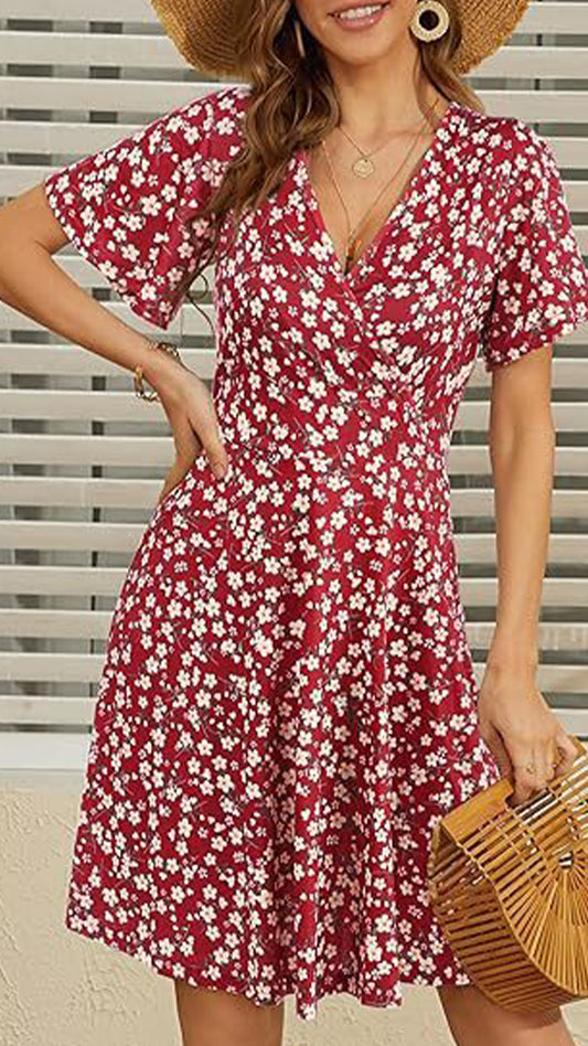 Women’s  V-Neck Short Sleeve Floral Waist-Cinched Slimming Polyester Mini Dress