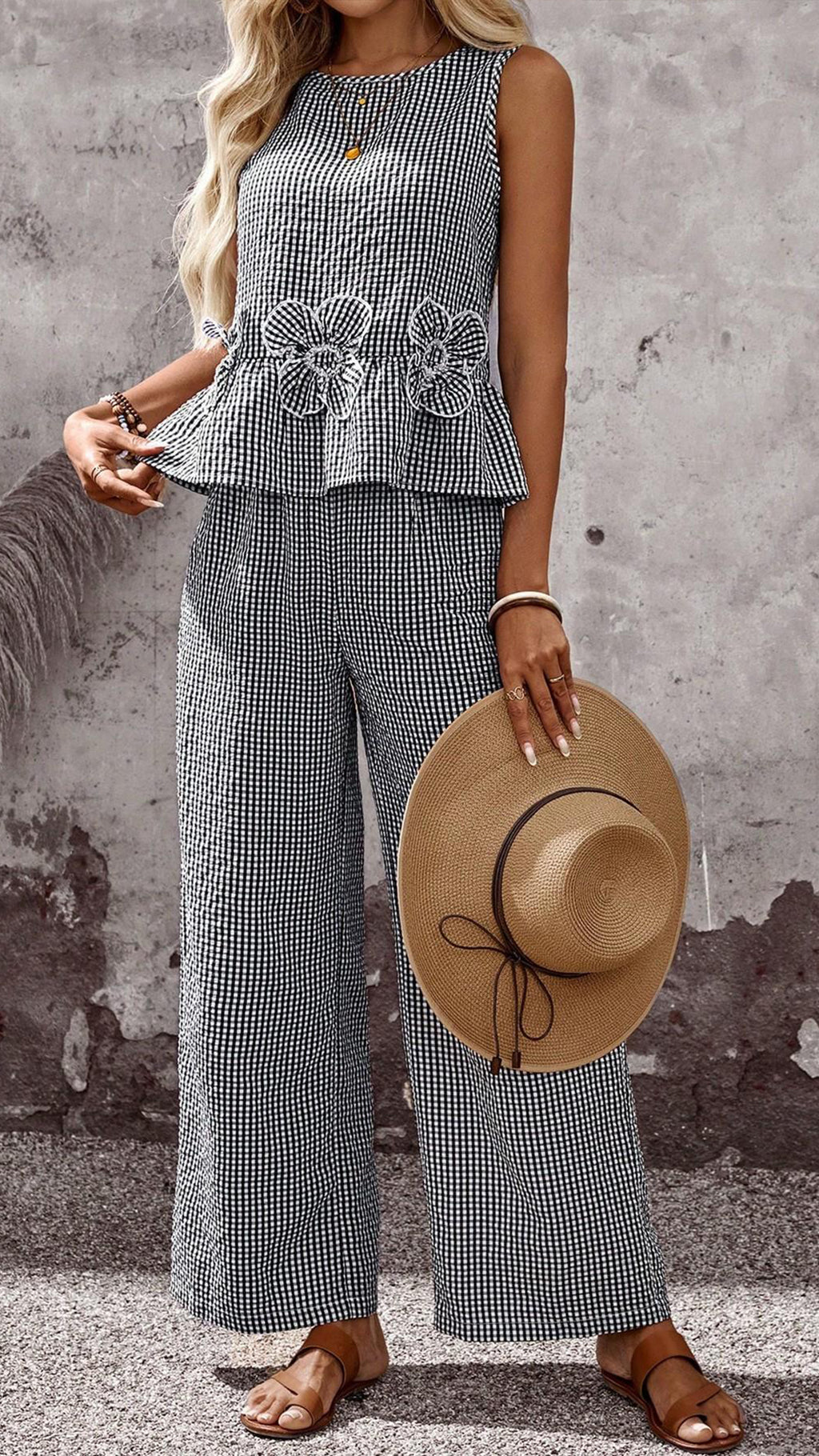 Women’s Sleeveless Gingham Peplum Top & Wide Leg Pants Polyester Set