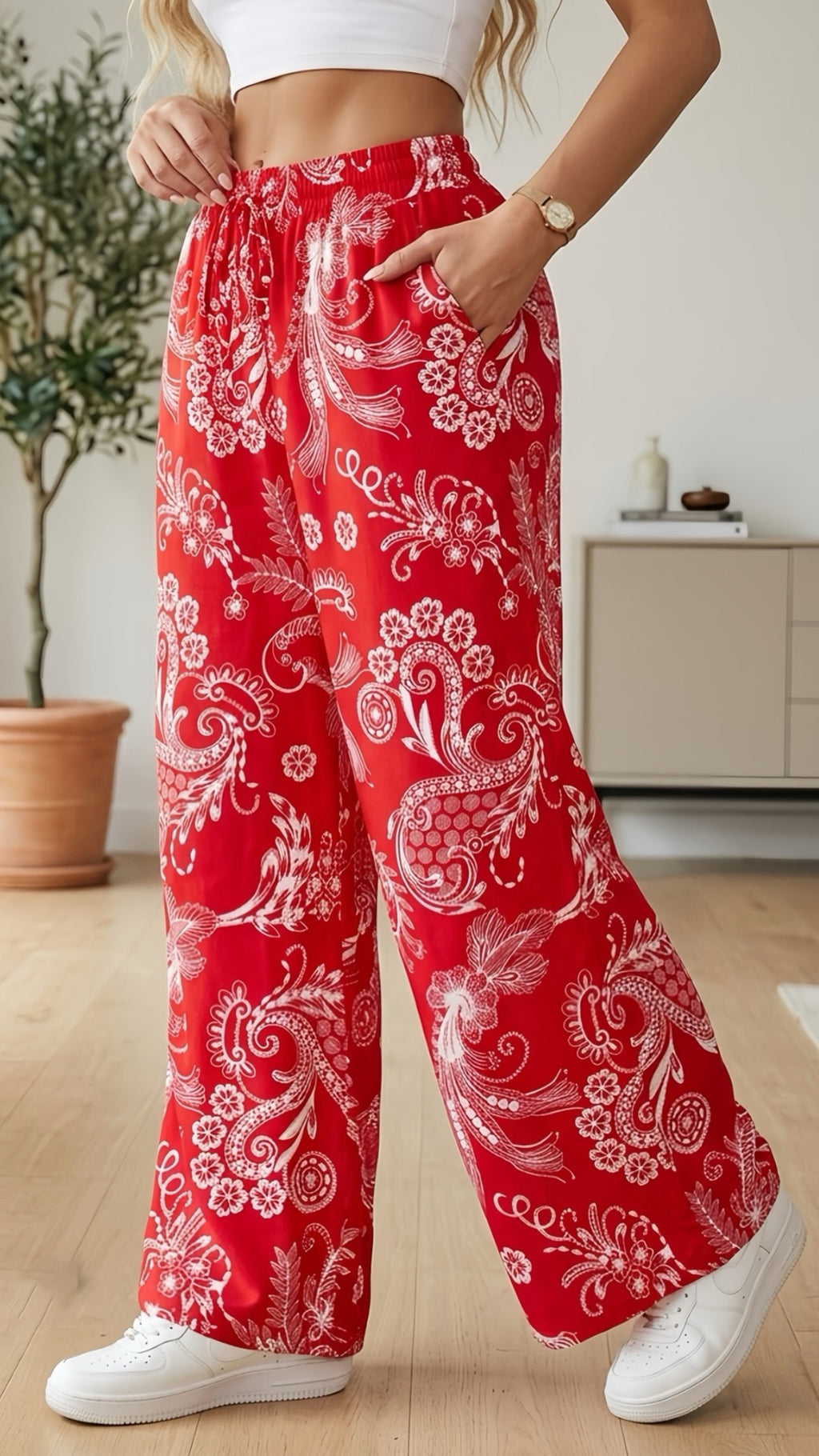 Women’s  Elastic Waist Retro Print Loose Wide Leg Polyester Pants