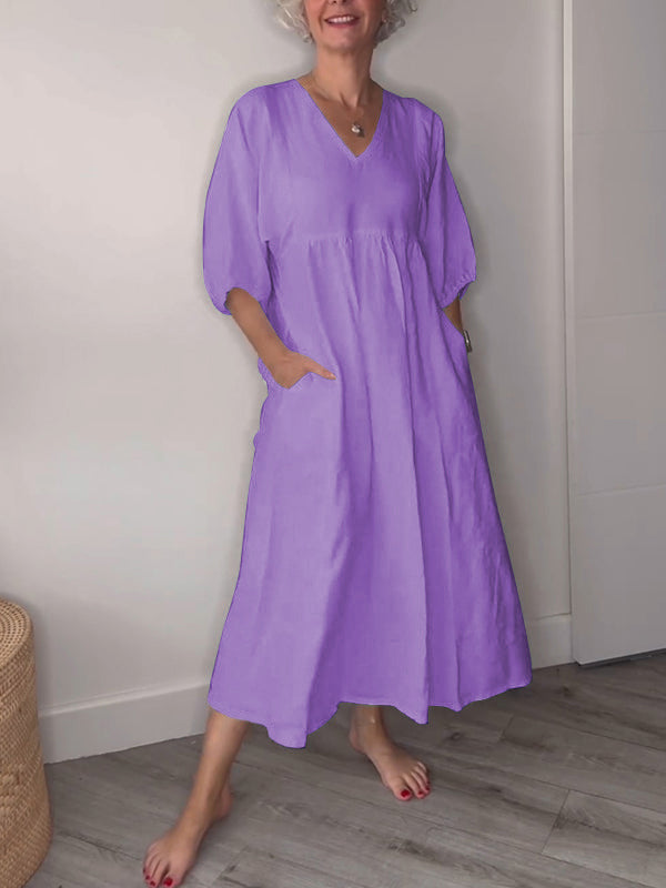 🔥Clearance Sale🔥 Women’s Casual Fashion V-Neck Solid Color Mid-Length Sleeve Dress