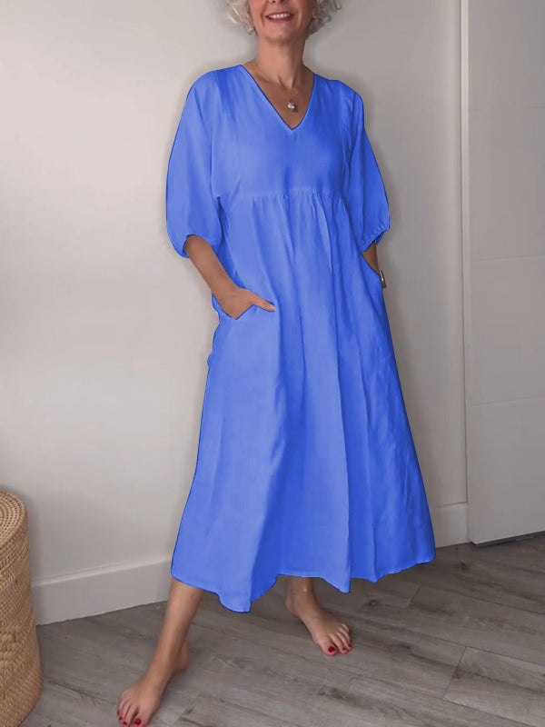 🔥Clearance Sale🔥 Women’s Casual Fashion V-Neck Solid Color Mid-Length Sleeve Dress