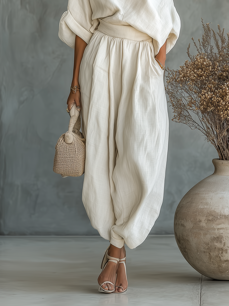 Women’s Off-white Linen Off-shoulder Loose Casual Top And Tapered Pants Set