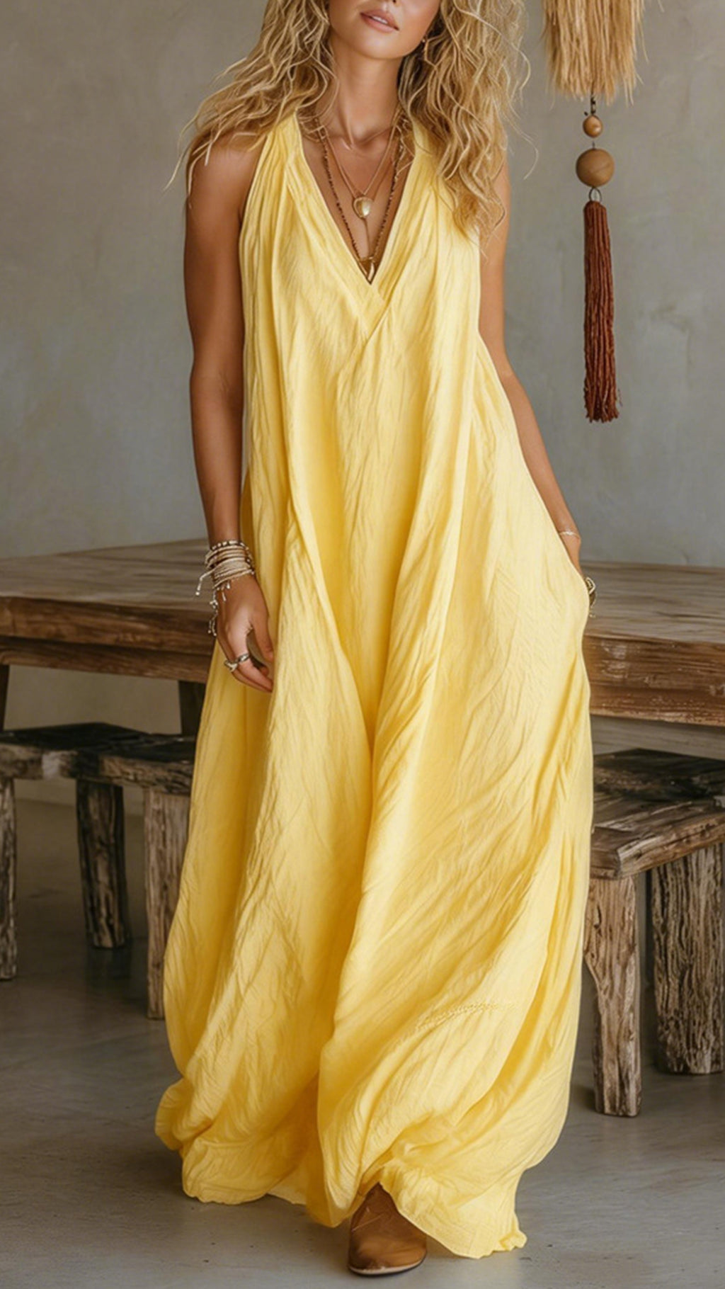 Women’s Halter V-Neck Linen-Blend Maxi Dress