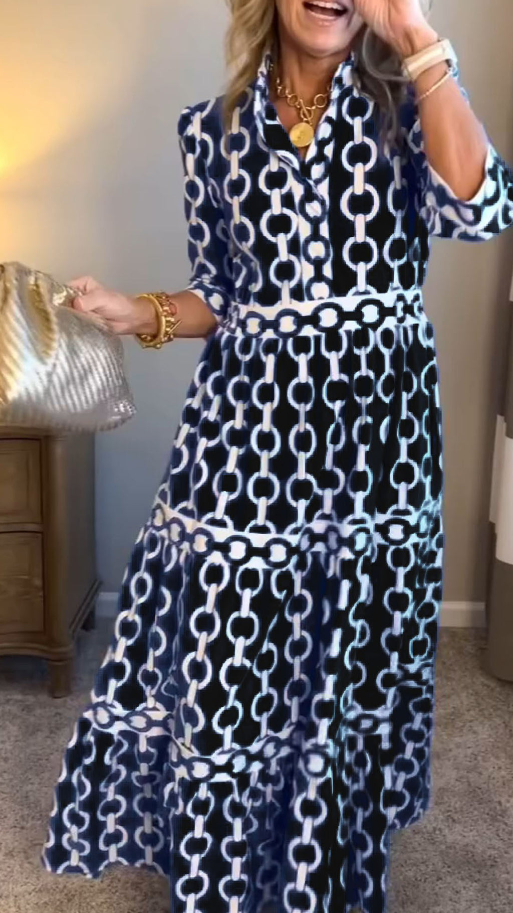 Women’s  Casual Vacation Style – Chain Print Shirt Dress