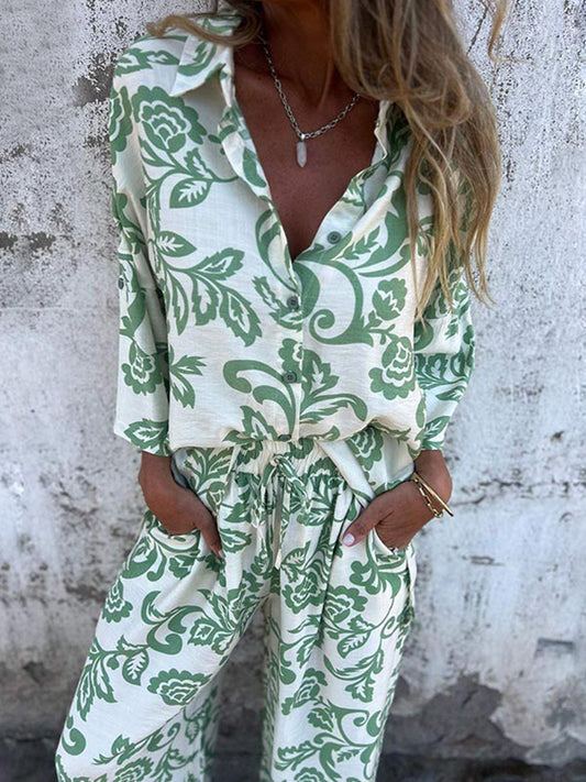 Women’s Fashion Two Piece Printed Lapel Button-Down Shirt and Wide-Leg Pants Set