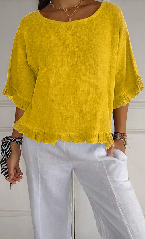 🔥Clearance Sale🔥 Women’s Round Neck Ruffled Cotton And Linen Top
