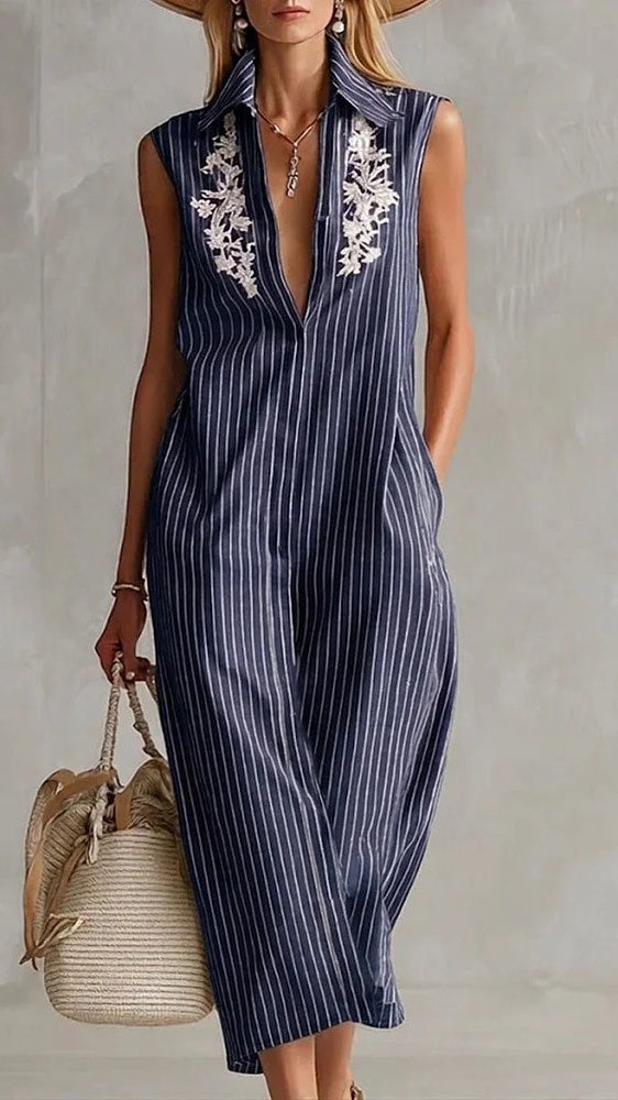 Women’s Sleeveless V-Neck Striped Shirt Dress