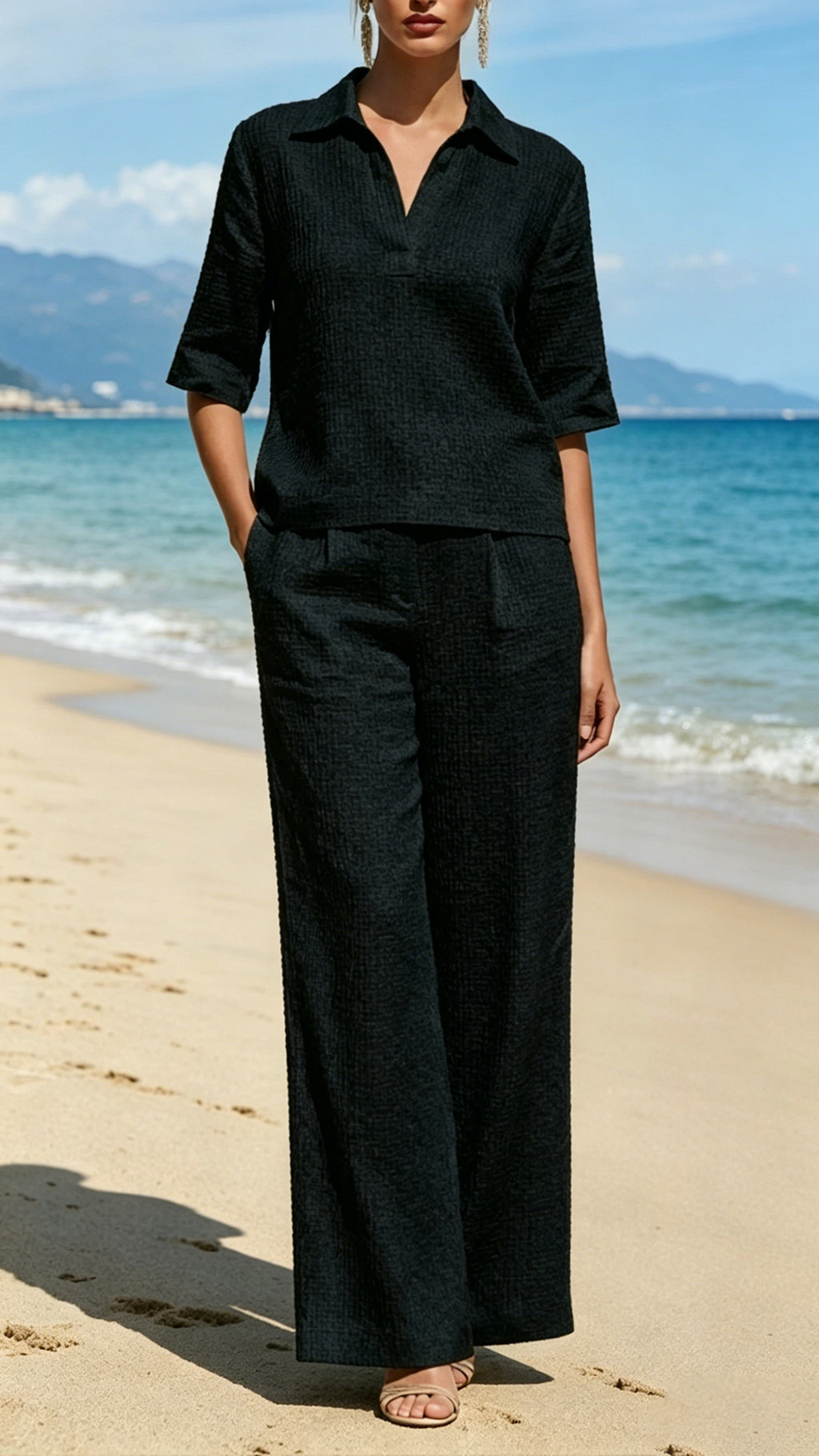 Women’s Waffle Knit Polo Collar Wide-Leg Set
