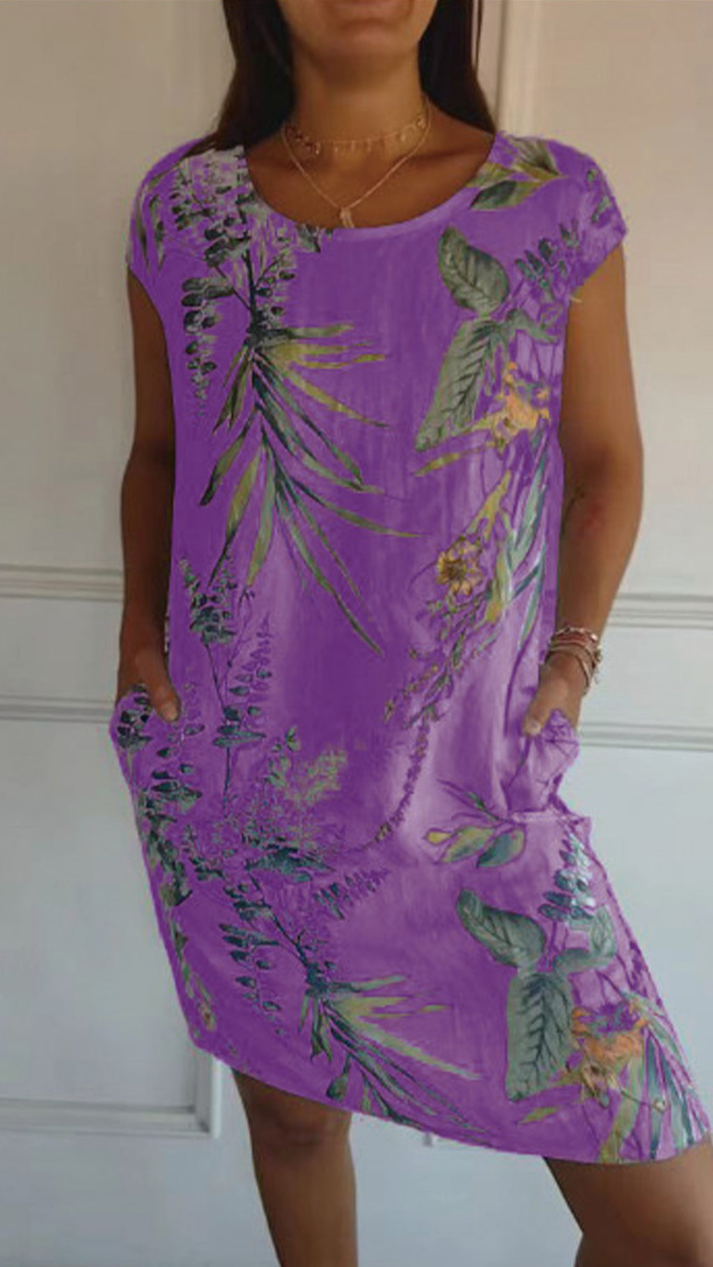 Women’s Botanical Print Crew Neck Loose Short Sleeve Dress