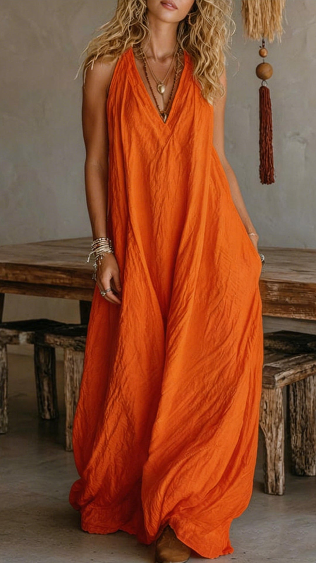 Women’s Halter V-Neck Linen-Blend Maxi Dress