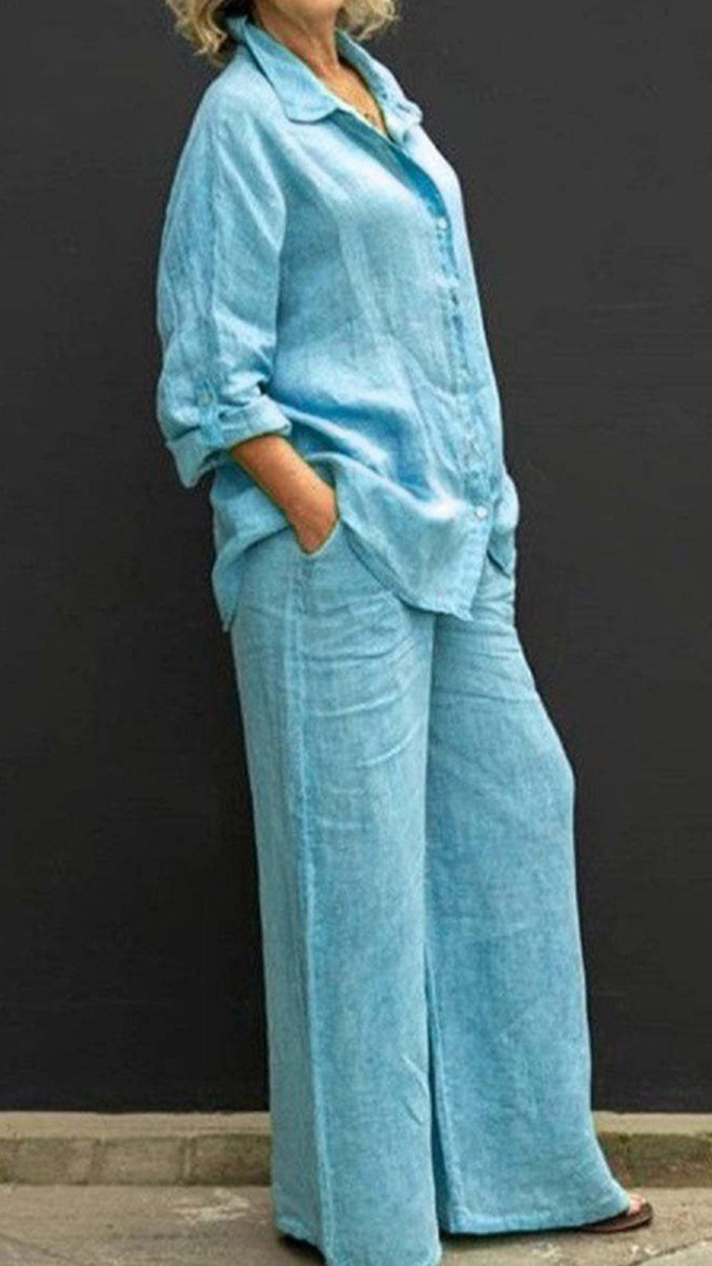 Women’s Linen Lapel Shirt & Wide-Leg Pants Two-Piece Set