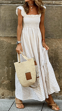 Women’s  Beige Gingham Linen-Blend Maxi Dress