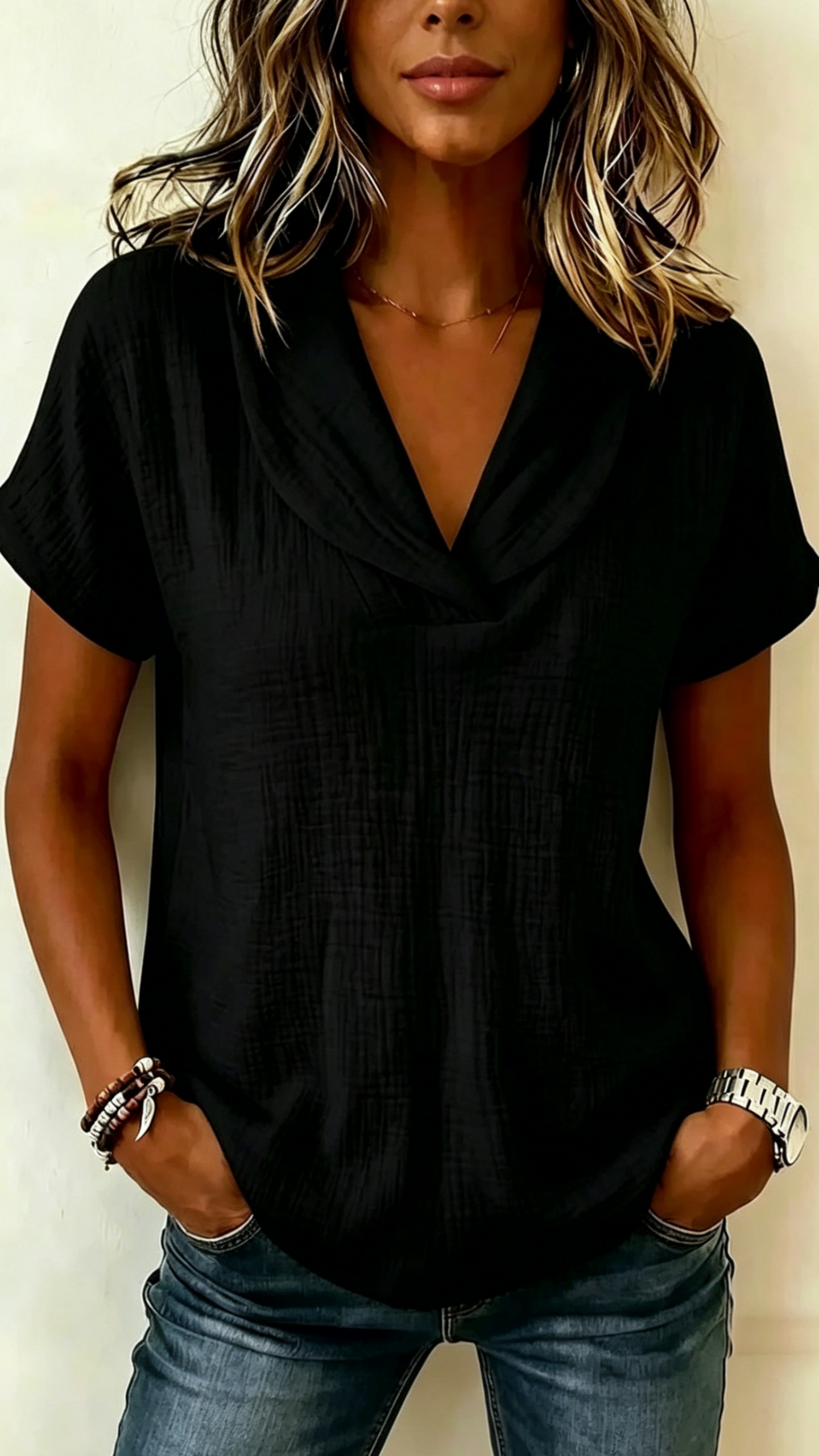 Women’s Short-Sleeve Crepe V-Neck Casual Fashion T-Shirt
