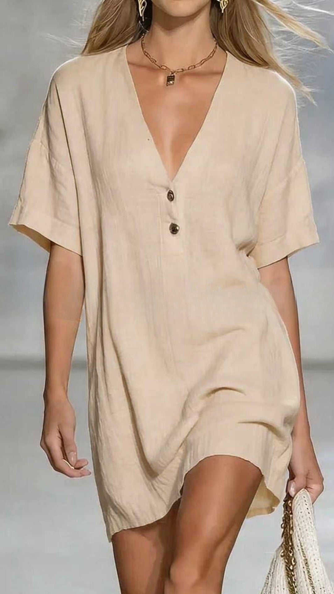Women’s Linen-Cotton V-Neck Loose Shift Dress