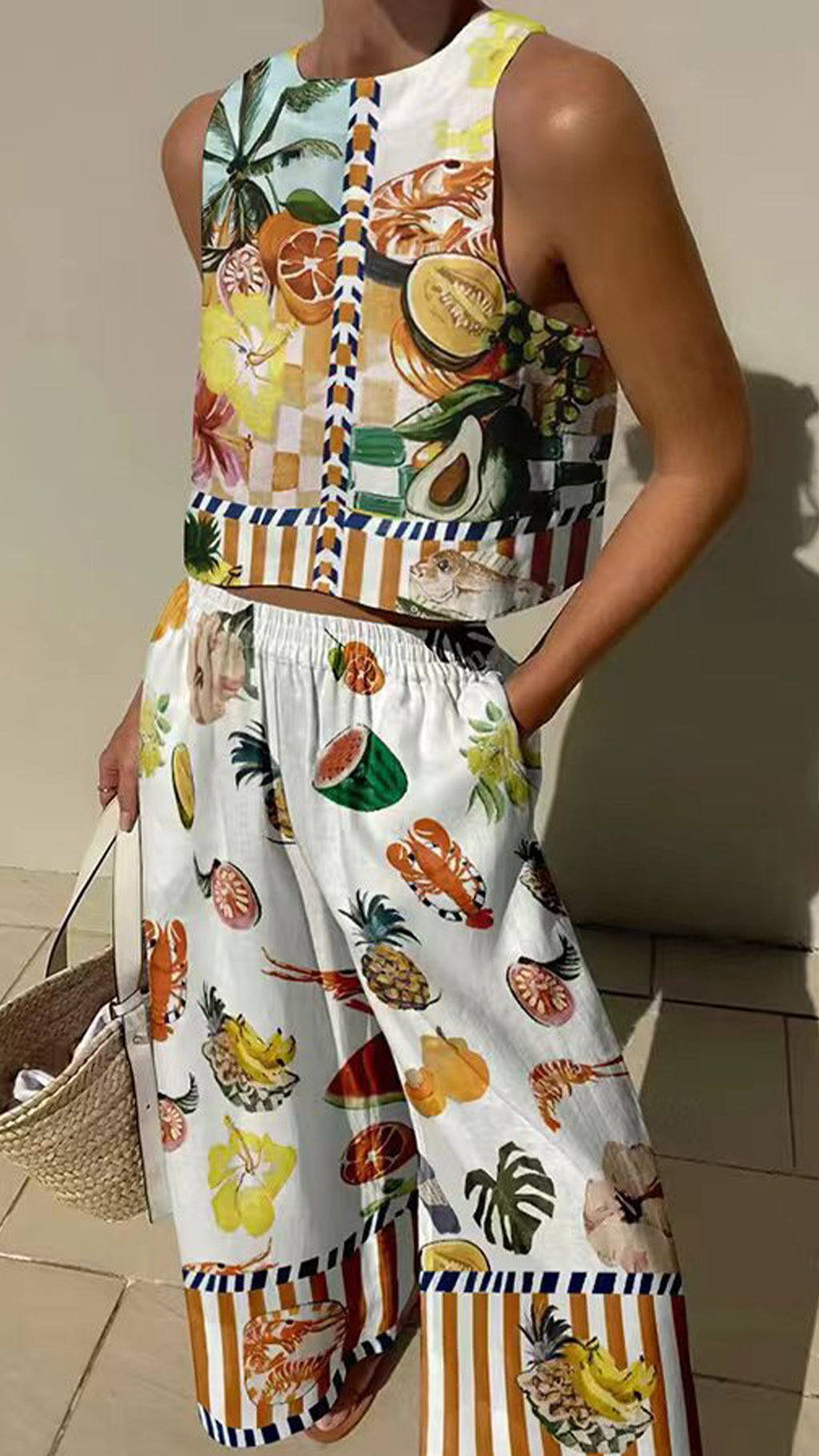 Women’s Linen-Cotton Blend Whimsical Print Tank Top & Wide-Leg Pants Set