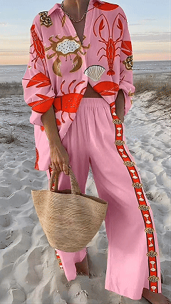 Women’s Cotton-Blend Ocean Print Shirt & Wide-Leg Pants Set