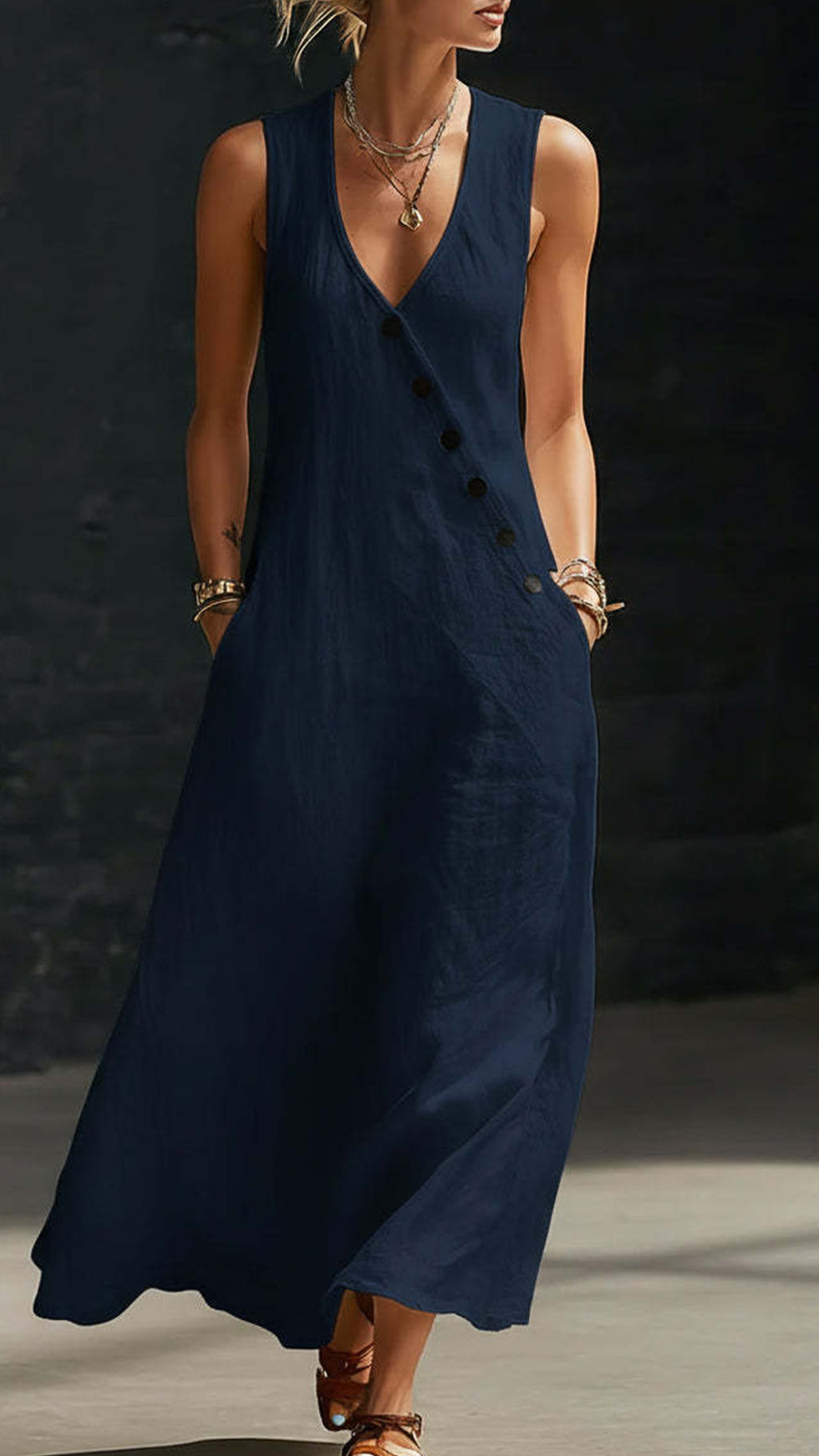 “Effortless Chic” Style V-Neck Button-Front Cotton-Linen Maxi Dress — Sleeveless Tank Dress