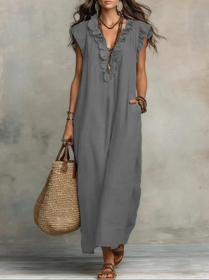 Women’s Solid Color Ruffled Art Casual Fashion Cozy Cotton Linen Dress