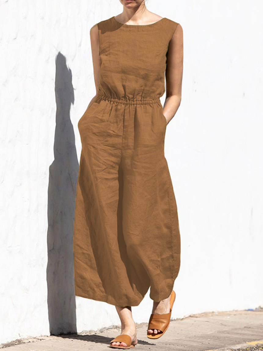 Women’s Solid Color Loose Elegant Casual Sleeveless Jumpsuit
