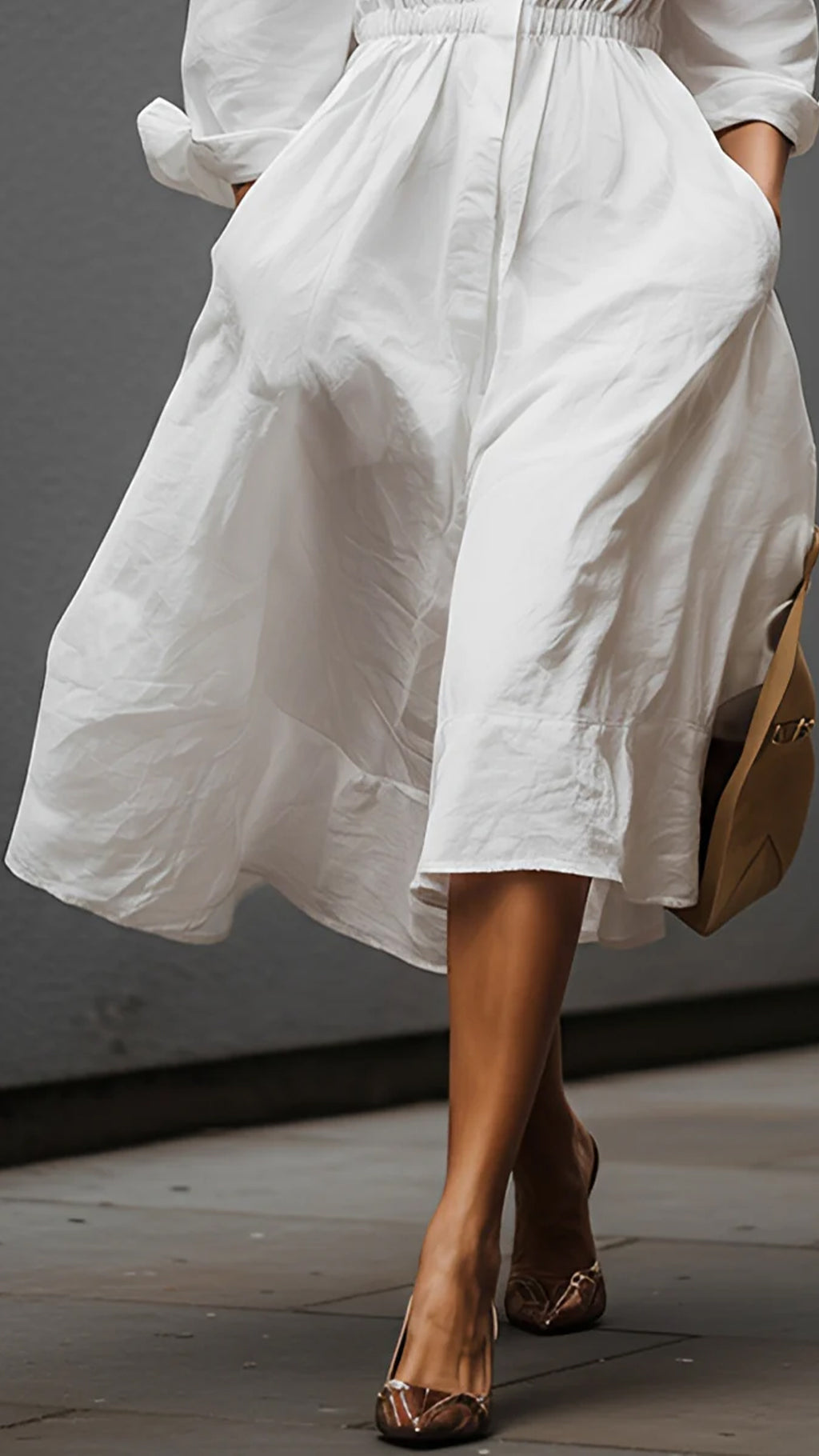 White Shirt-Collar Dress with Elastic Waist