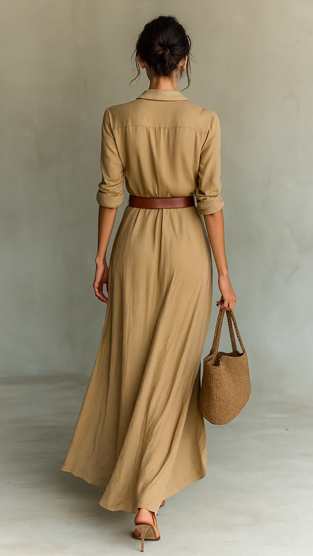 Women’s Long-Sleeve Lapel Button-Front Belted Maxi Dress
