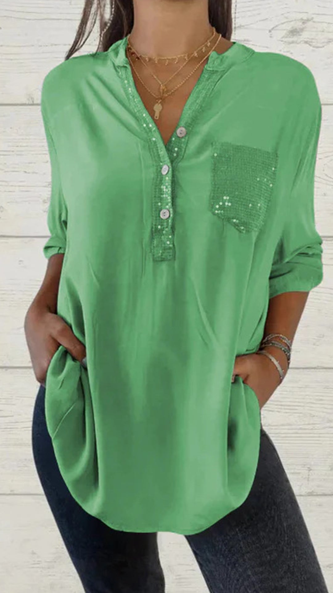 Solid color V-neck pocket women’s top shirt in multiple colors
