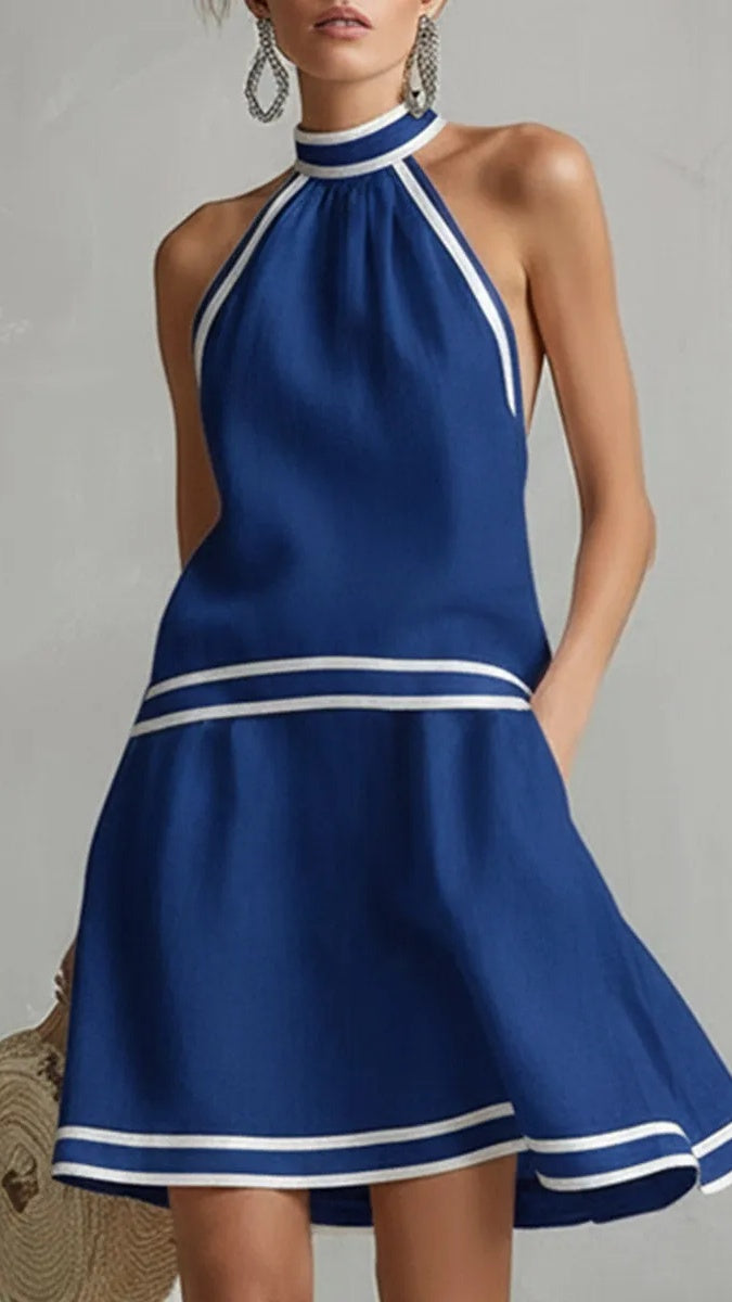 Women’s Elegant Color-Block Piped Cotton-Linen Halter Sleeveless Mini Dress