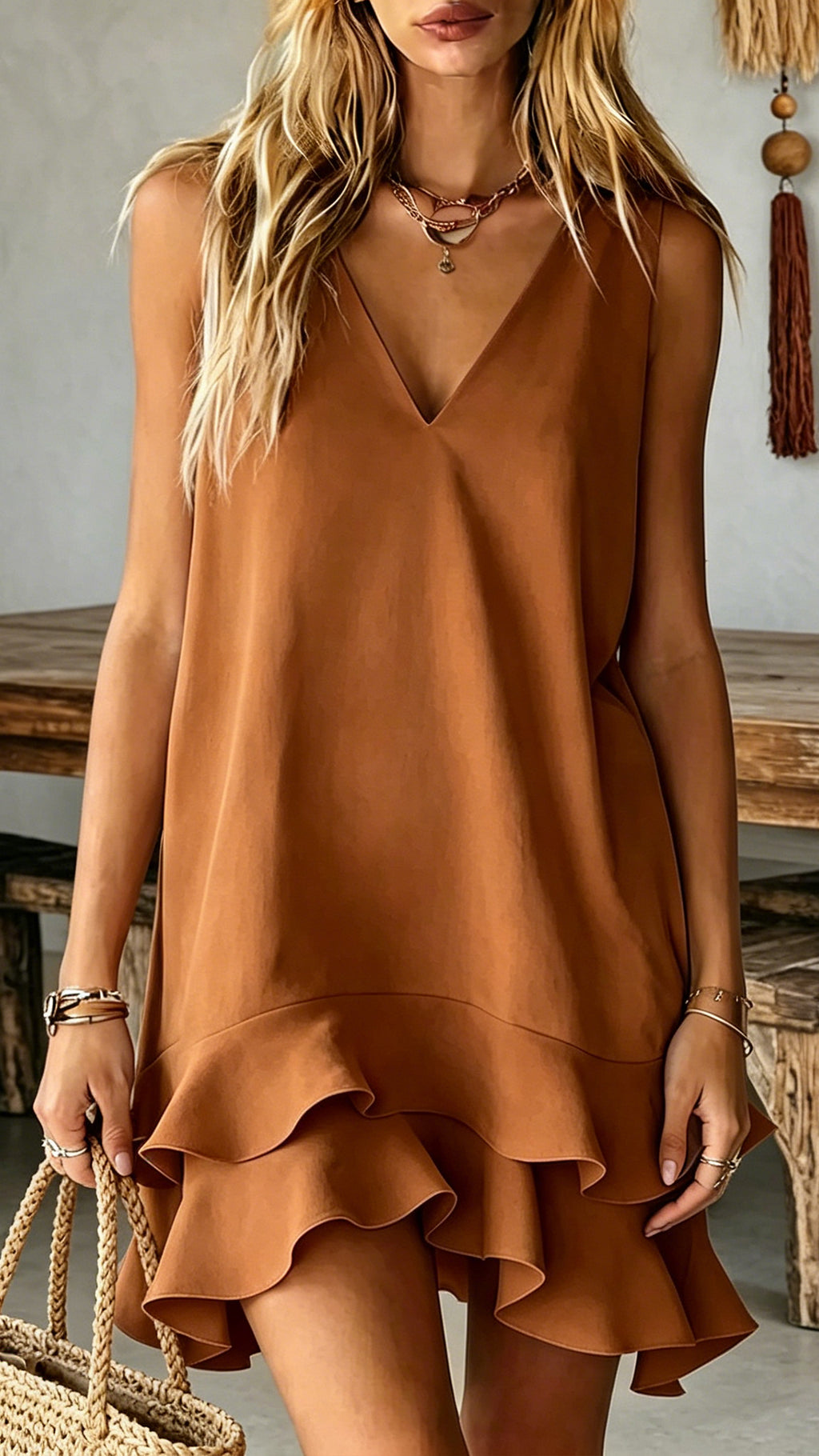 Women’s V-Neck Ruffle Hem Sleeveless Dress