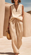Women’s V-Neck Sleeveless Linen-Blend Set